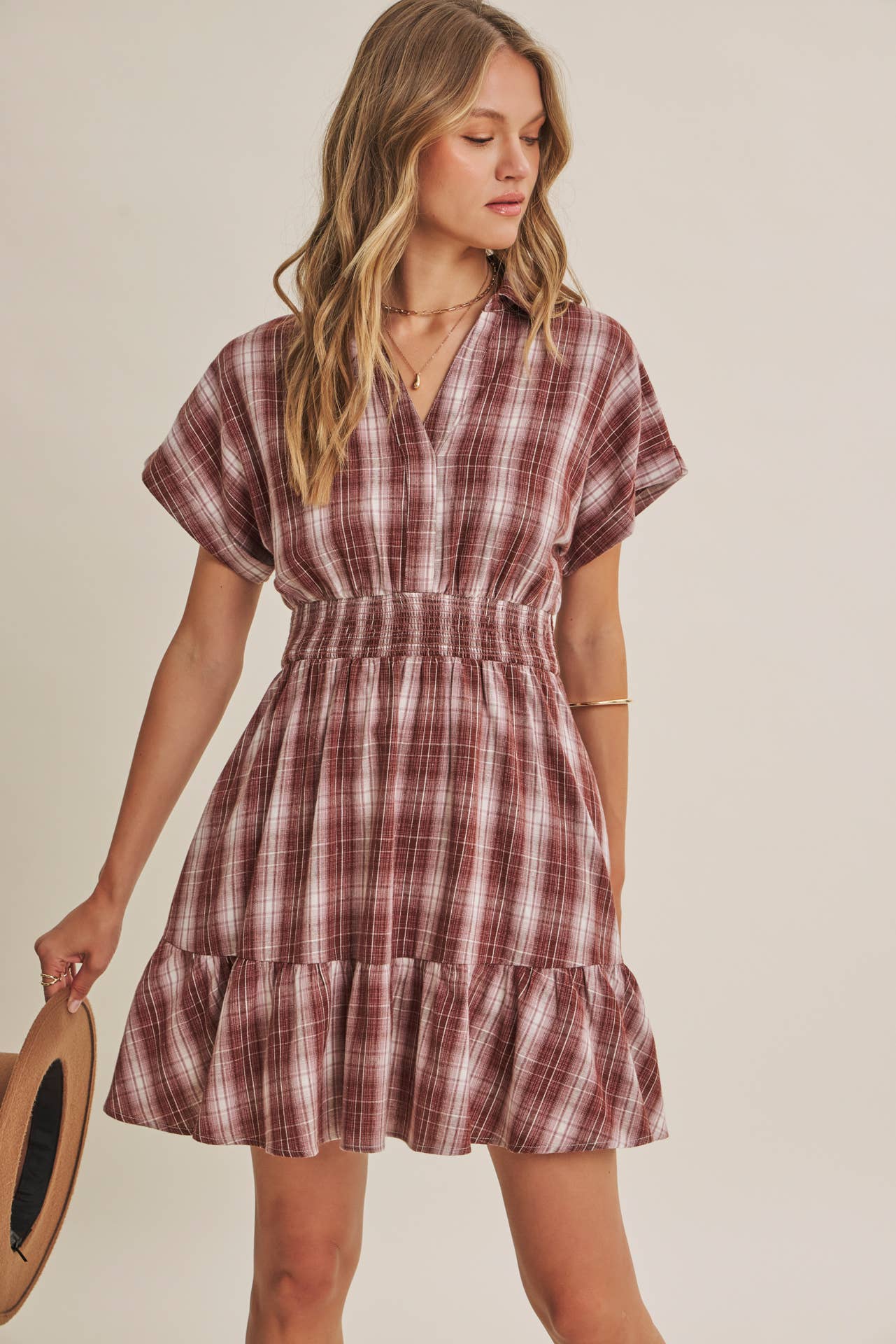 AUTUMN PICNIC DROP SHOULDER PLAID SMOCKED WAIST MINI DRESS