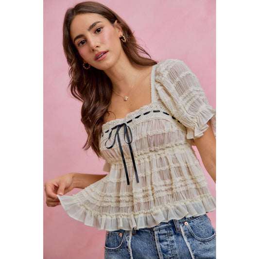 SHIRRED LACE RUFFLE PUFF SLEEVE BLOUSE TOP