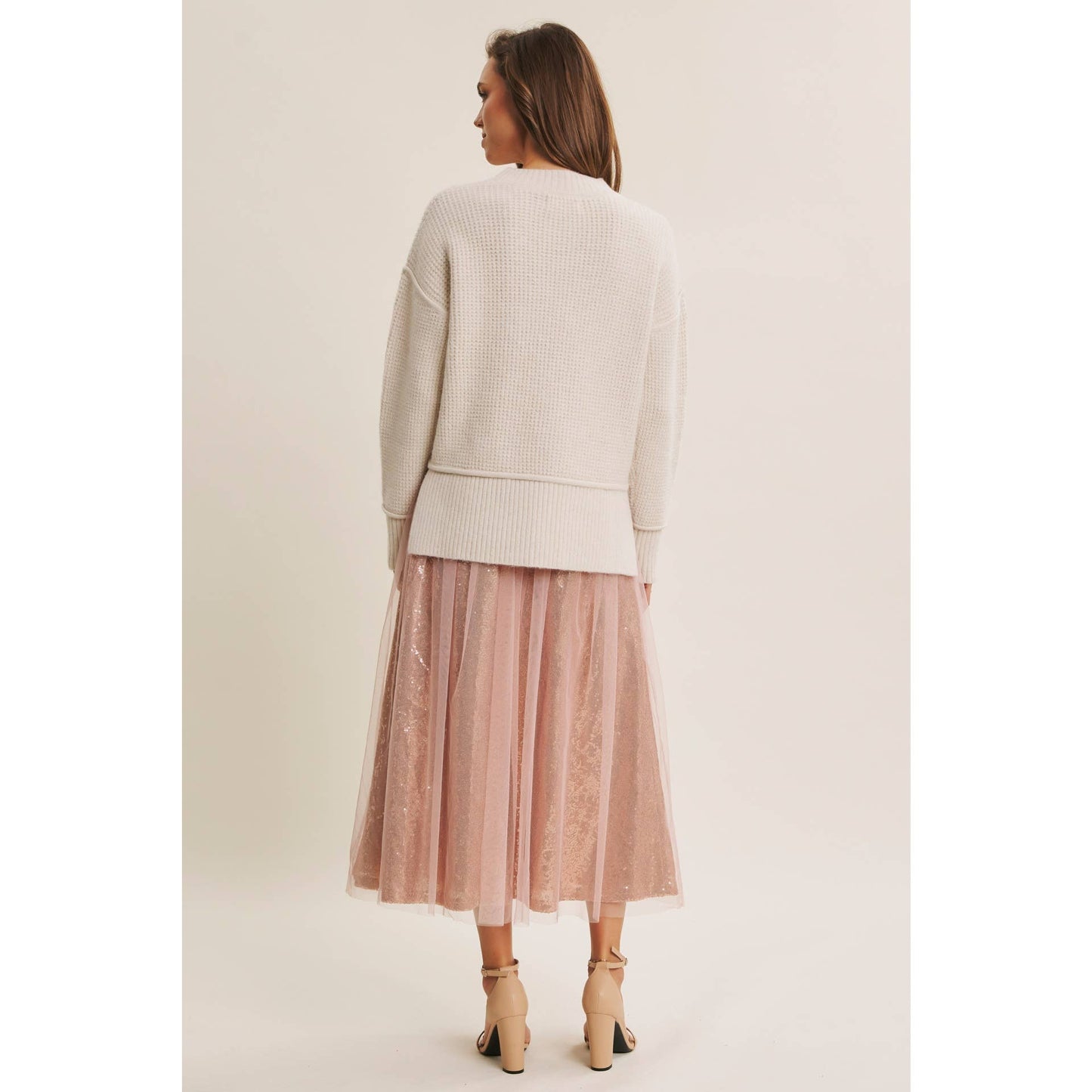 Dance the Night Away Blush Sequin Tulle Midi Skirt