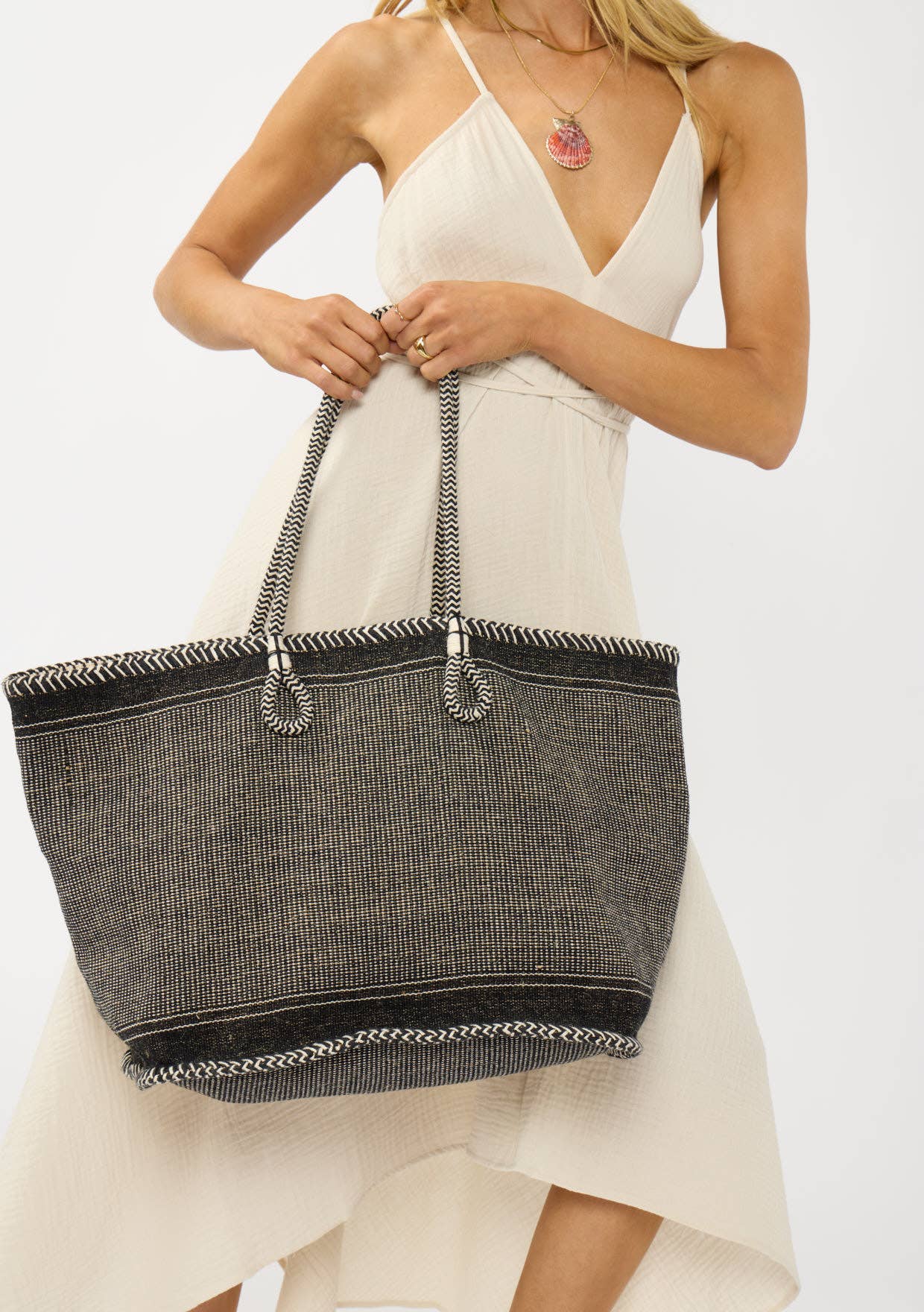 Large Woven Cotton Zip-Up Tote Bag