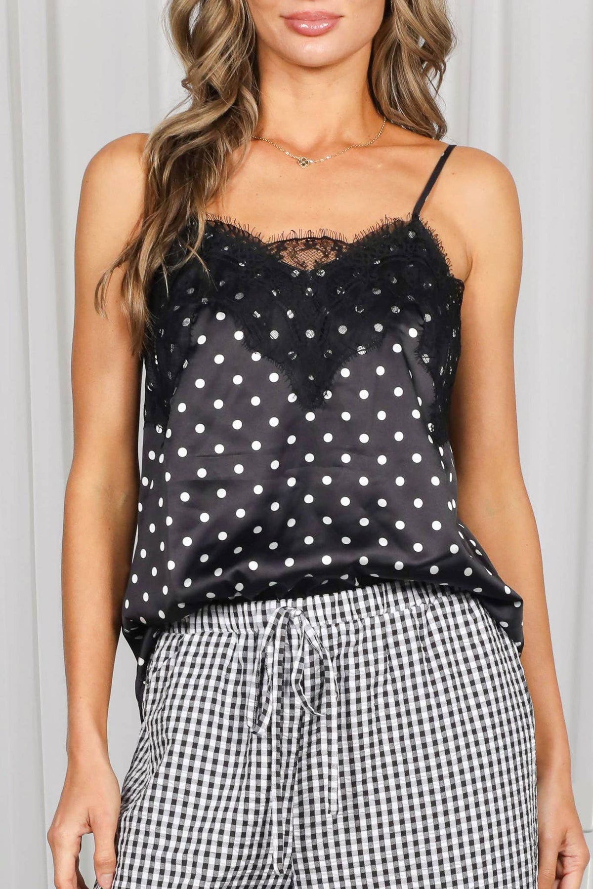 Polka Dot Print Adjustable Strap Lace Accent Camisole Top