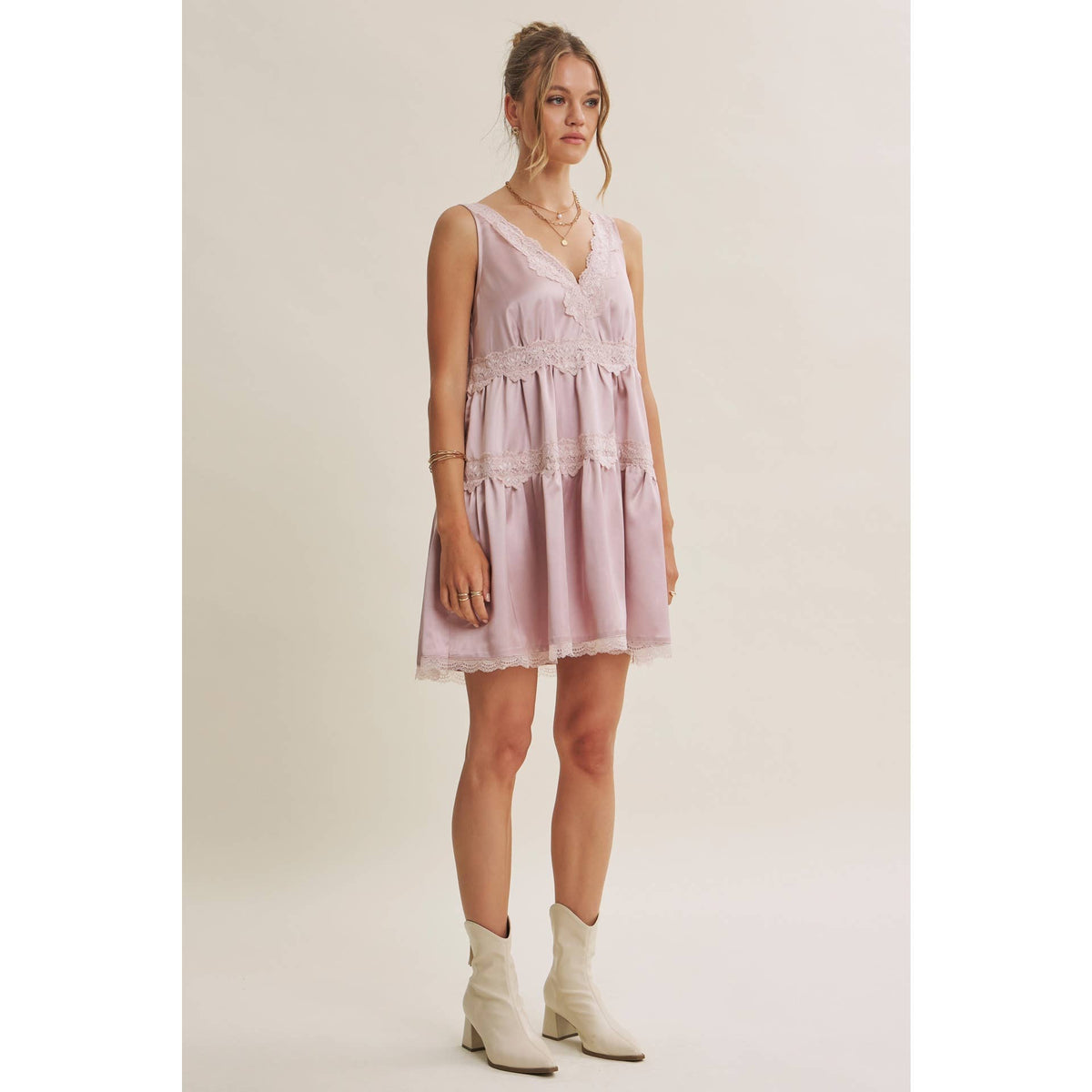Love Letter Scallop Lace & Silky Satin Tiered Mini Dress