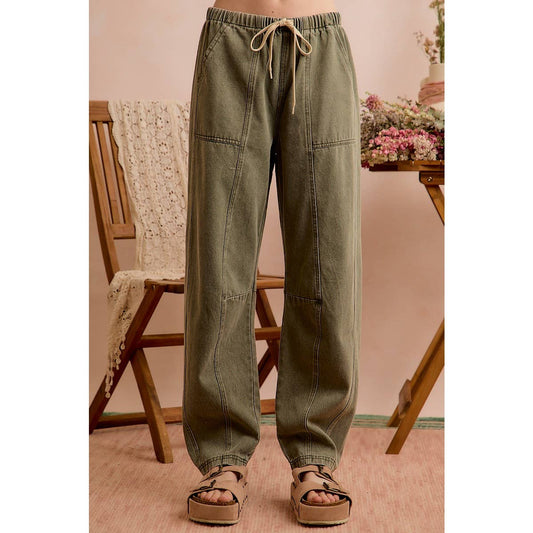 MID RISE WAIST DRAWSTRING BARREL JEANS PANTS