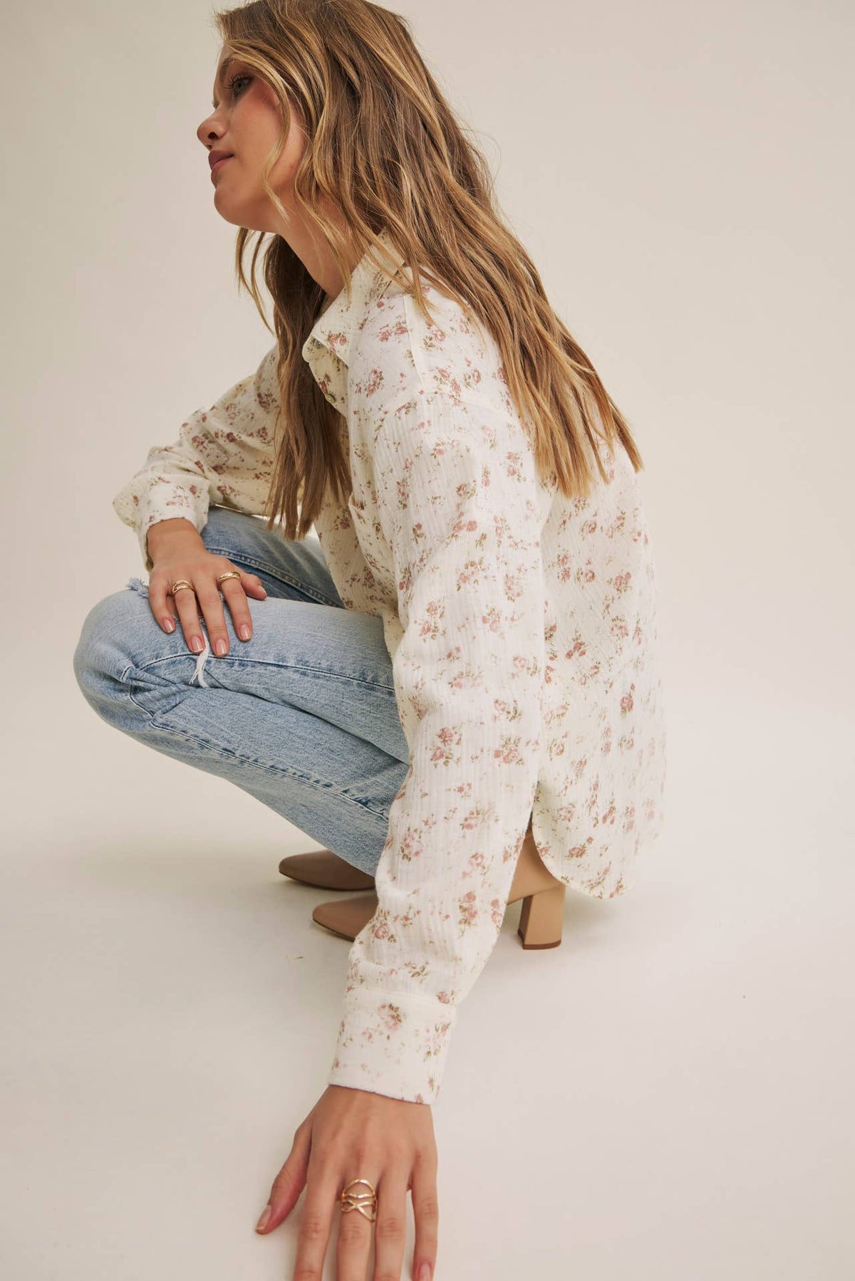 SOFT BREEZE FLORAL COTTON GAUZE RELAXED FIT SHIRT