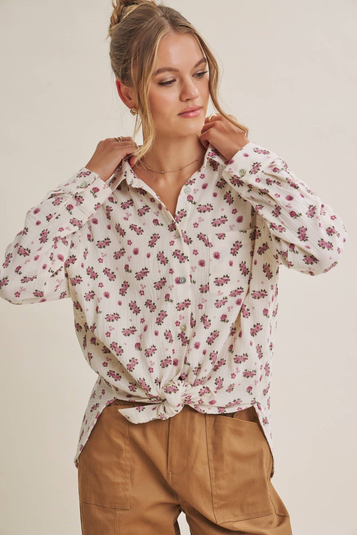 SOFT BREEZE FLORAL COTTON GAUZE RELAXED FIT SHIRT