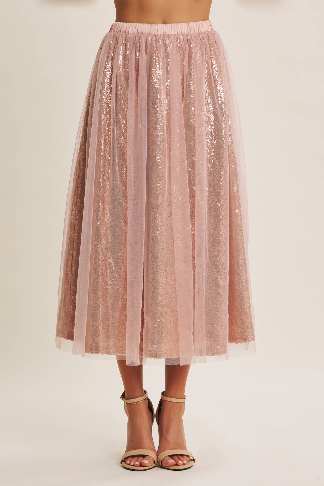 Dance the Night Away Blush Sequin Tulle Midi Skirt