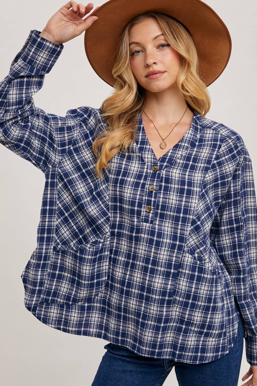 OVERSIZED PLAID BUTTON FRONT V-NECK SHIRT WITH POCKETS