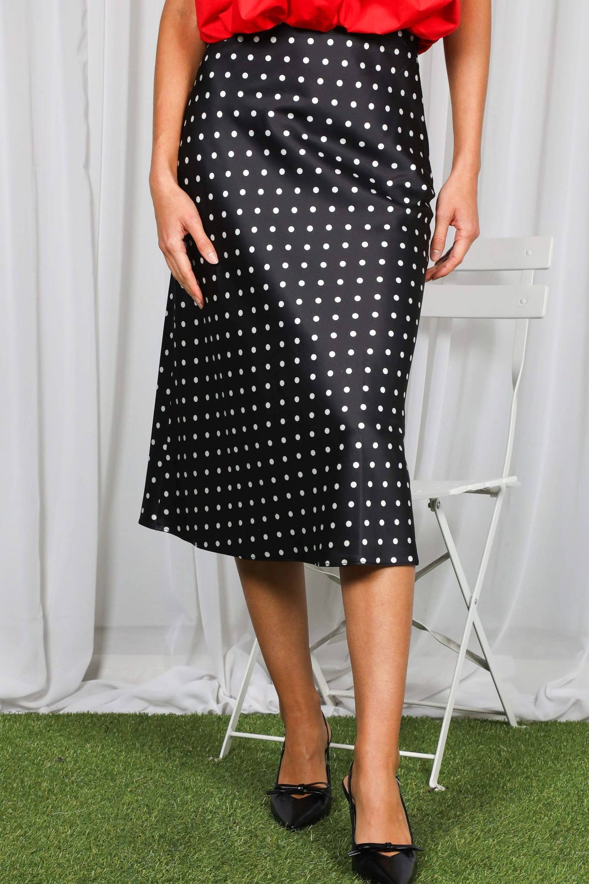 Polka Dot Print Bias Cut Satin Midi Skirt