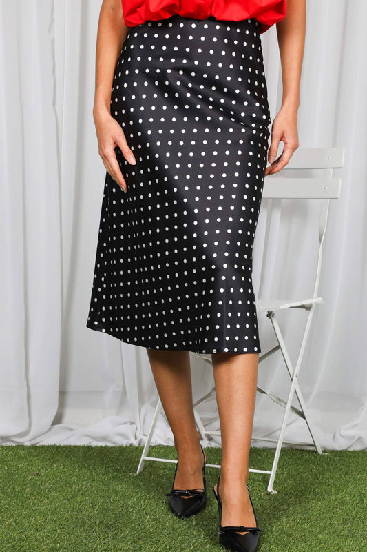 Polka Dot Print Bias Cut Satin Midi Skirt