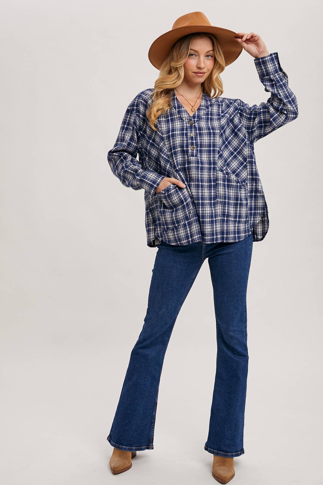 OVERSIZED PLAID BUTTON FRONT V-NECK SHIRT WITH POCKETS