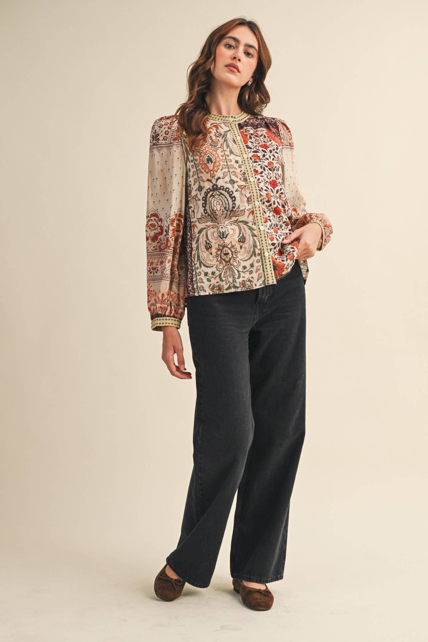 PATCHWORK PRINT CROCHET TRIM BUTTON DOWN TOP MTP4382
