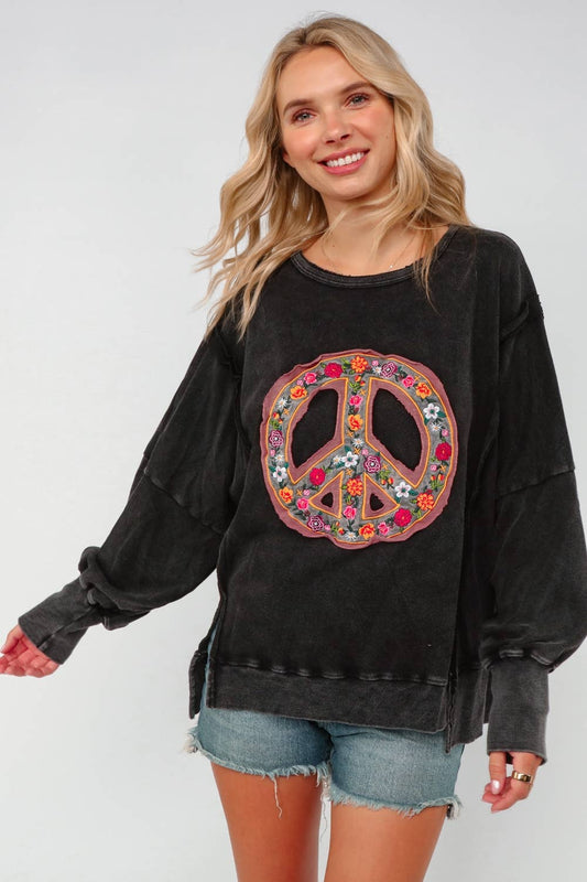 EMBROIDERED PEACE WASHED PULLOVER KNIT TOP