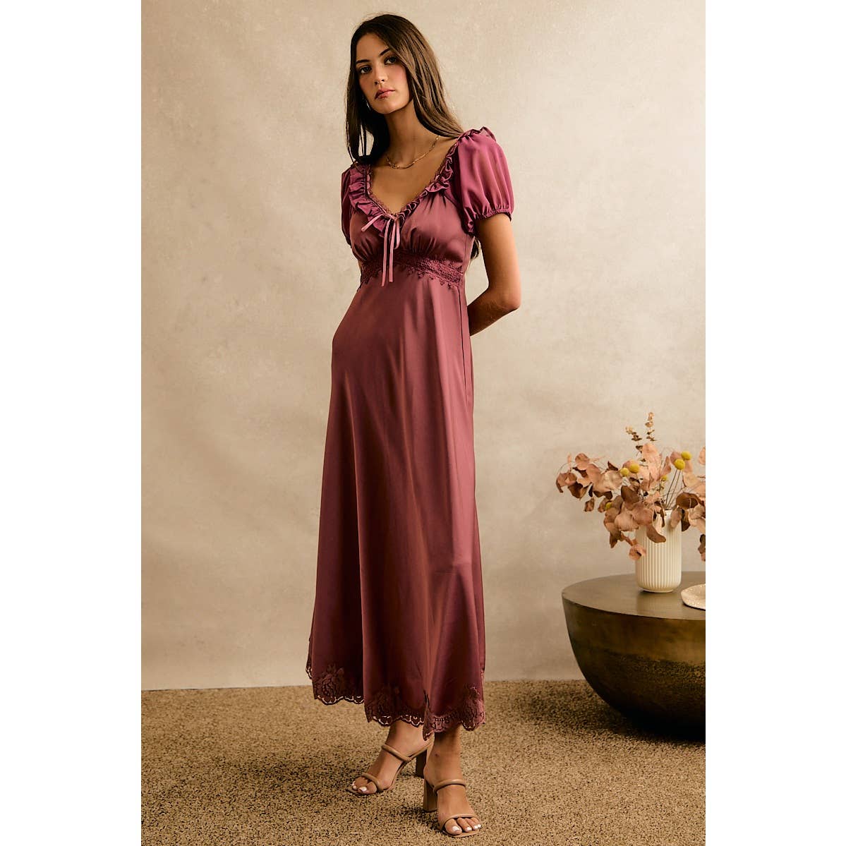 V NECK RUFFLE SLIP SATIN MAXI DRESS