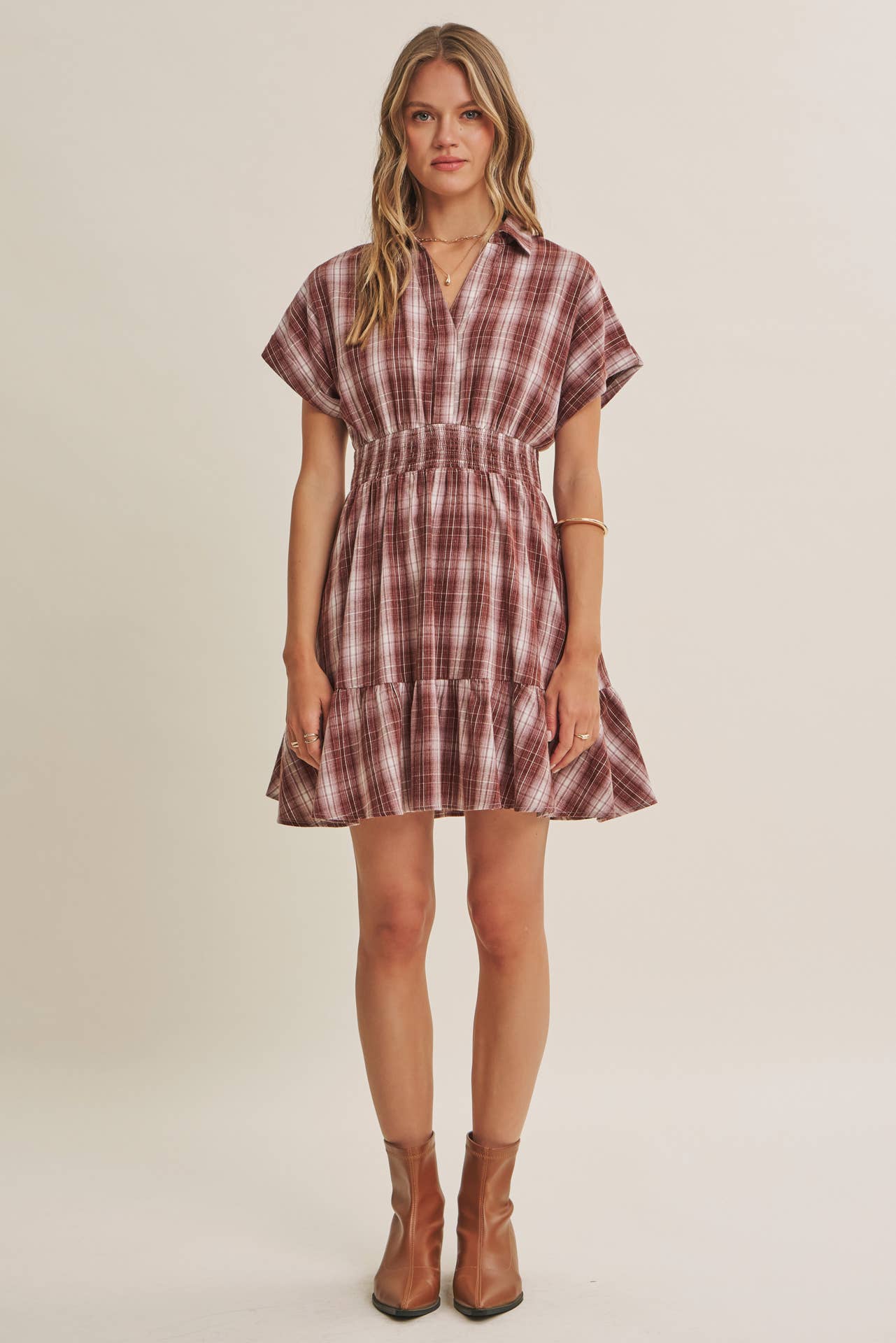 AUTUMN PICNIC DROP SHOULDER PLAID SMOCKED WAIST MINI DRESS