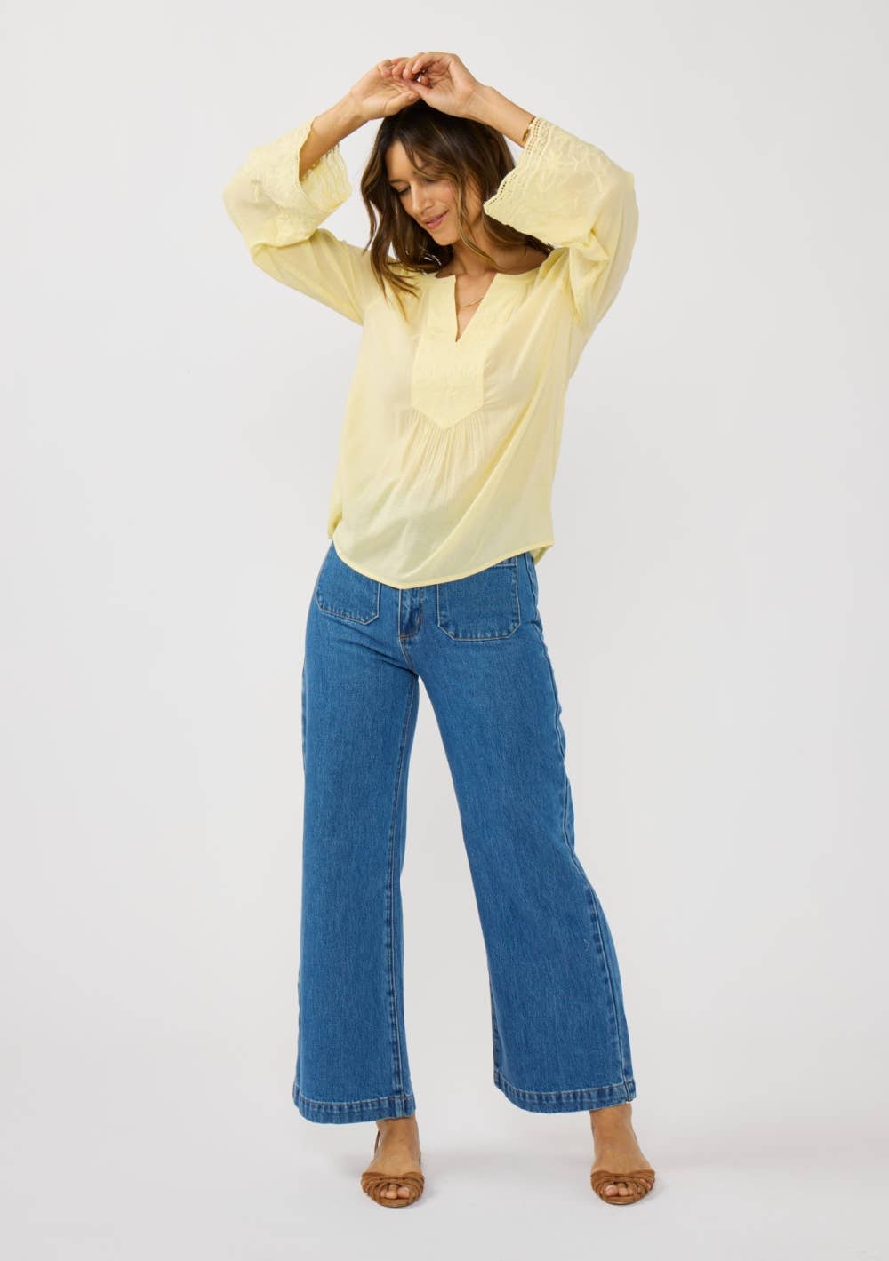 Raglan Bell Sleeve Split Neck Embroidered Blouse-Butter Yellow
