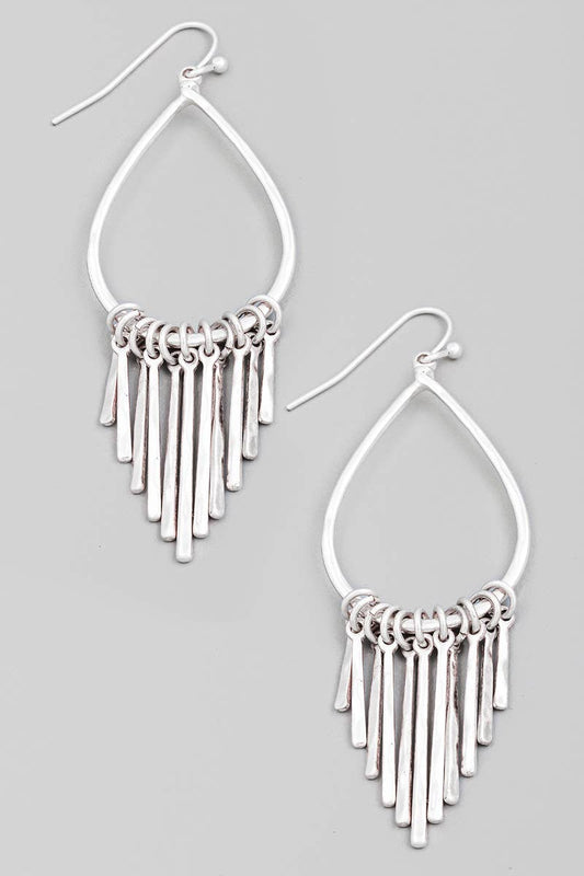 Metallic Bar Fringe Teardrop Earrings: Silver
