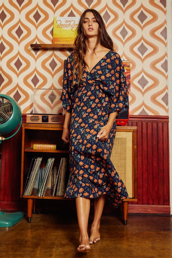 Navy & Rust Floral Printed V-neck Kimono Style Midi Dress