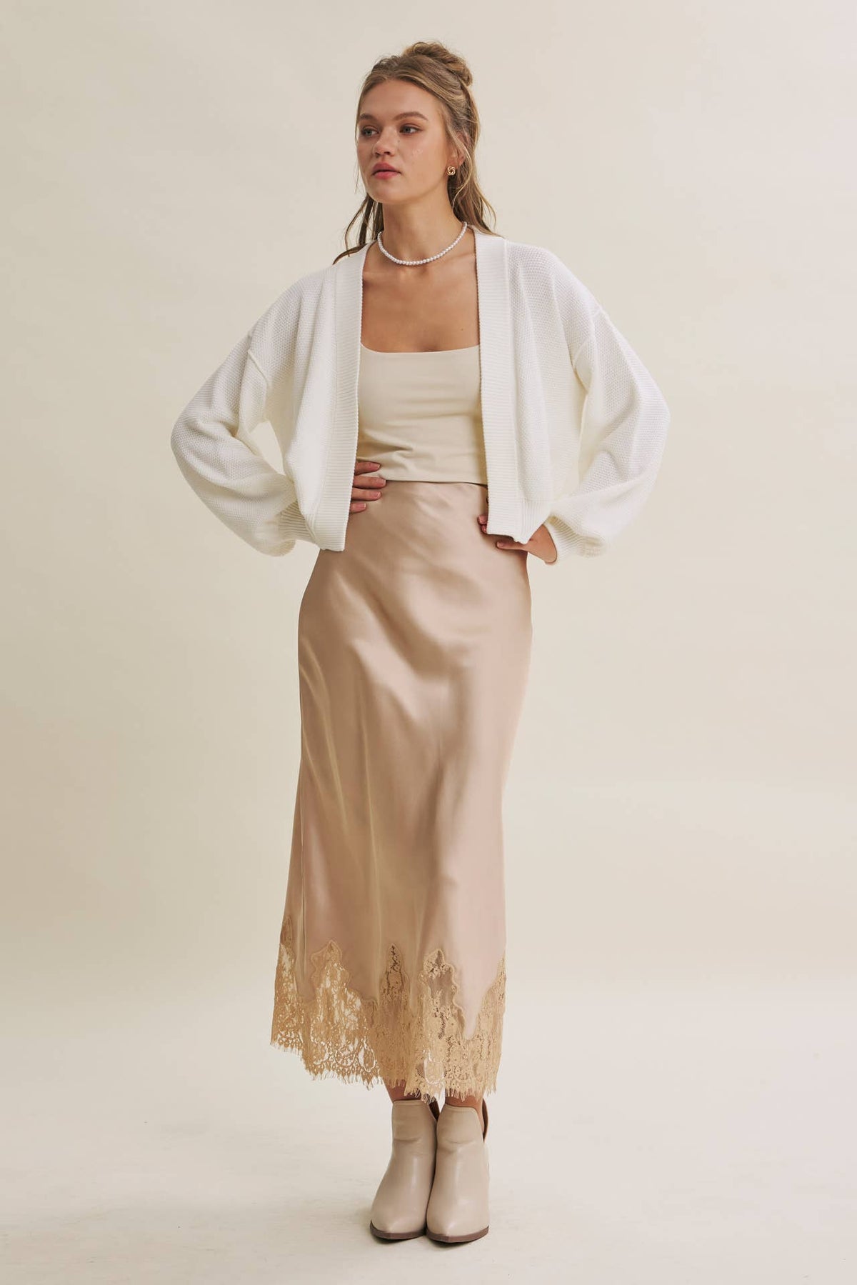 Champagne and French Lace Satin Midi Skirt