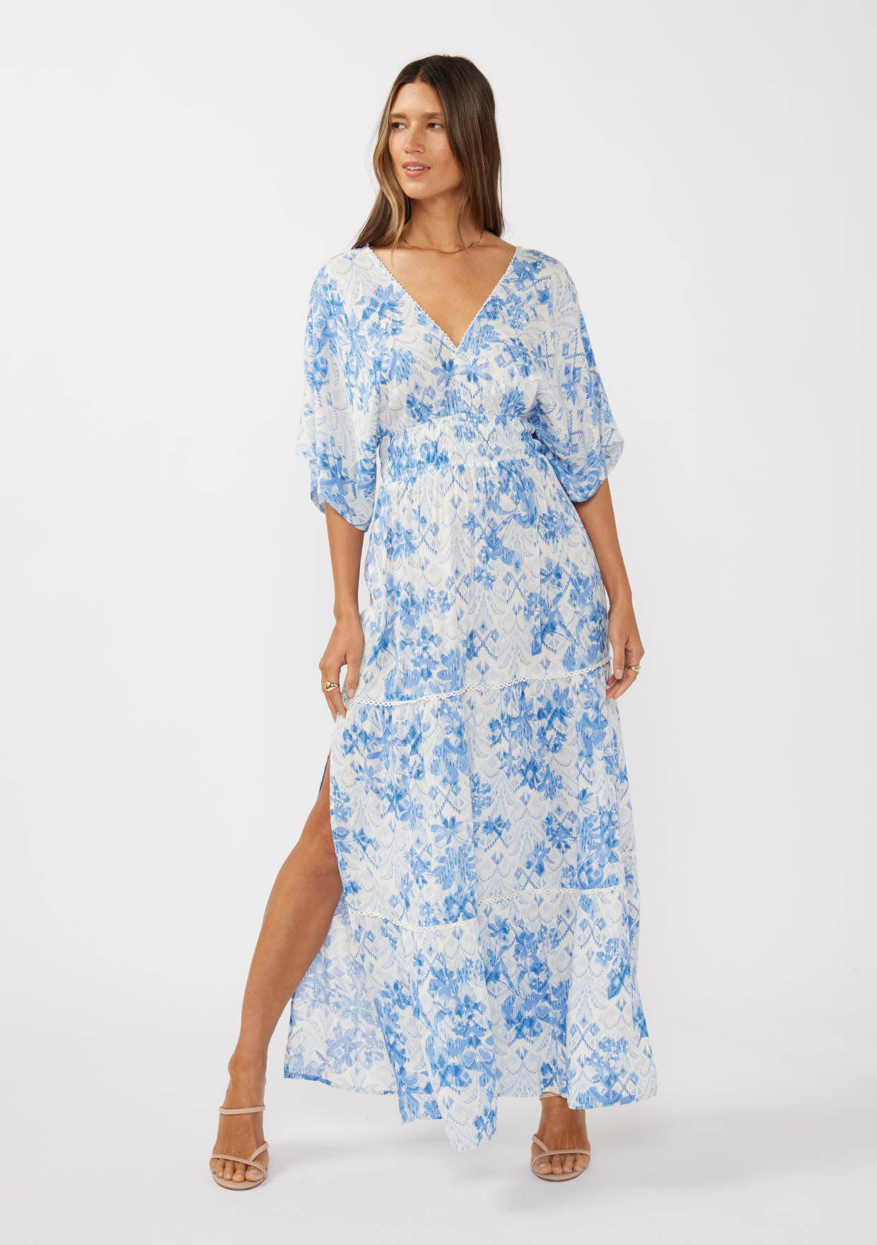 Double V-Neck Kimono Sleeve Maxi Dress