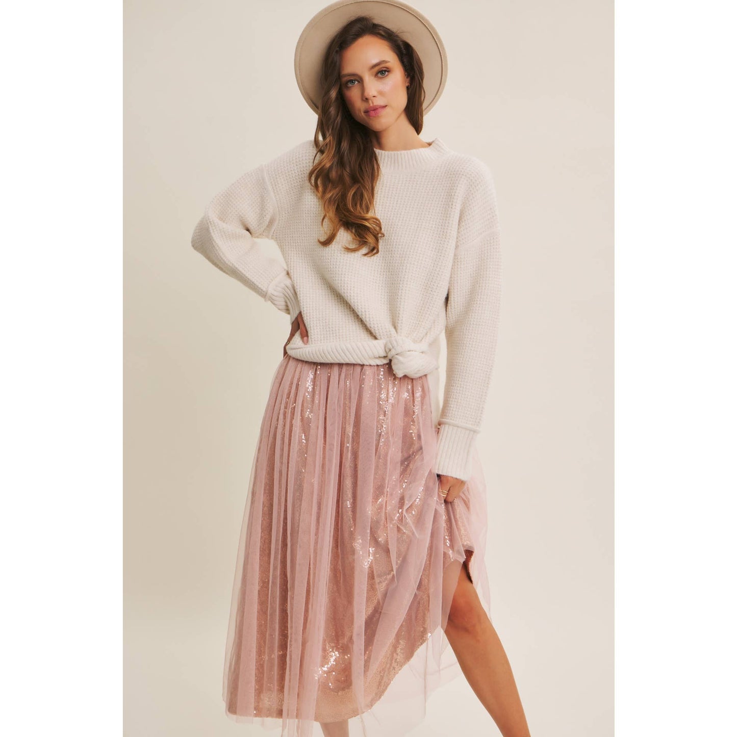 Dance the Night Away Blush Sequin Tulle Midi Skirt