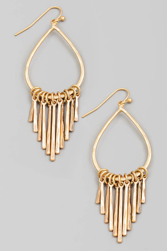 Metallic Bar Fringe Teardrop Earrings: Gold