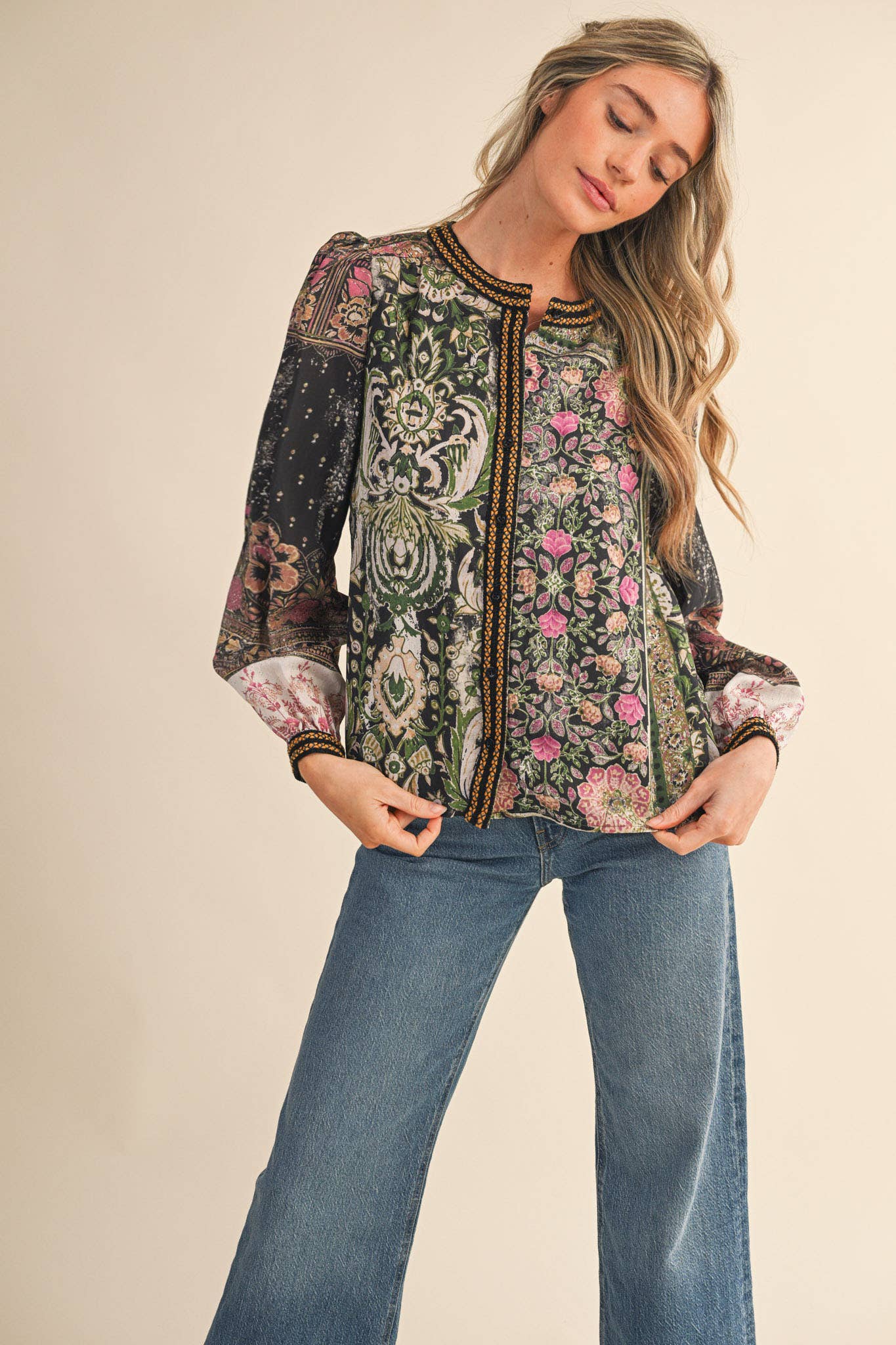 PATCHWORK PRINT CROCHET TRIM BUTTON DOWN TOP MTP4382
