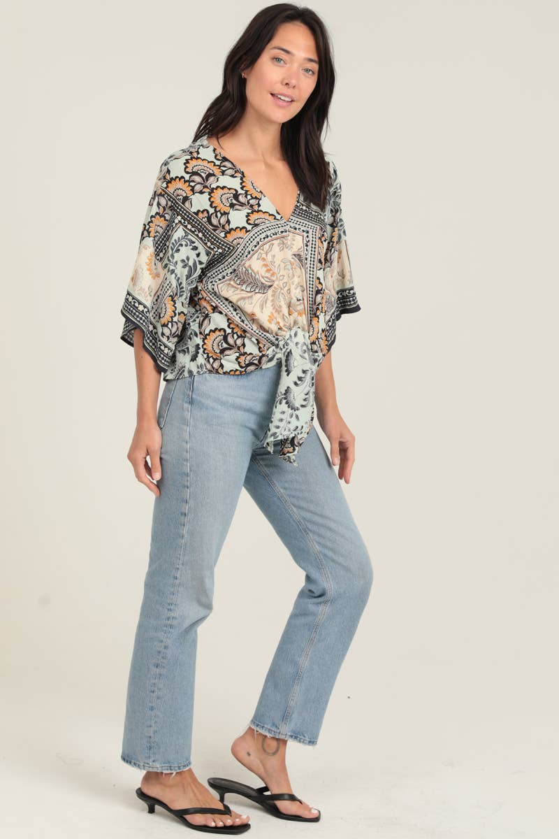 Pre-Order arrives 9/25-Tie Waist Kimono Sleeve Top-Mint and Apricot