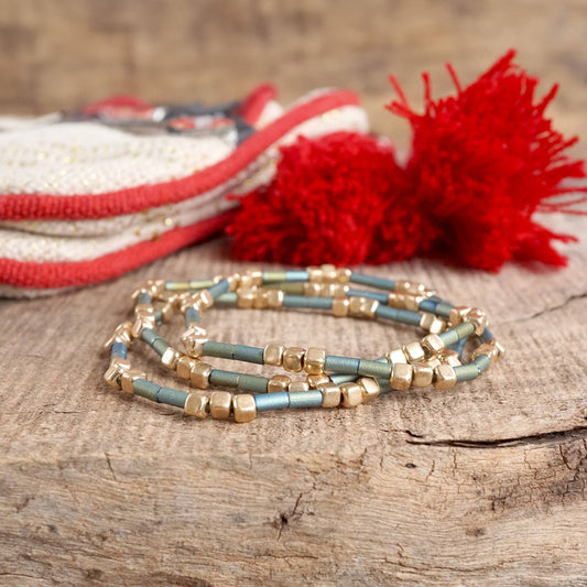 Layered Colorful and Gold Beaded Bracelets Sets: Green