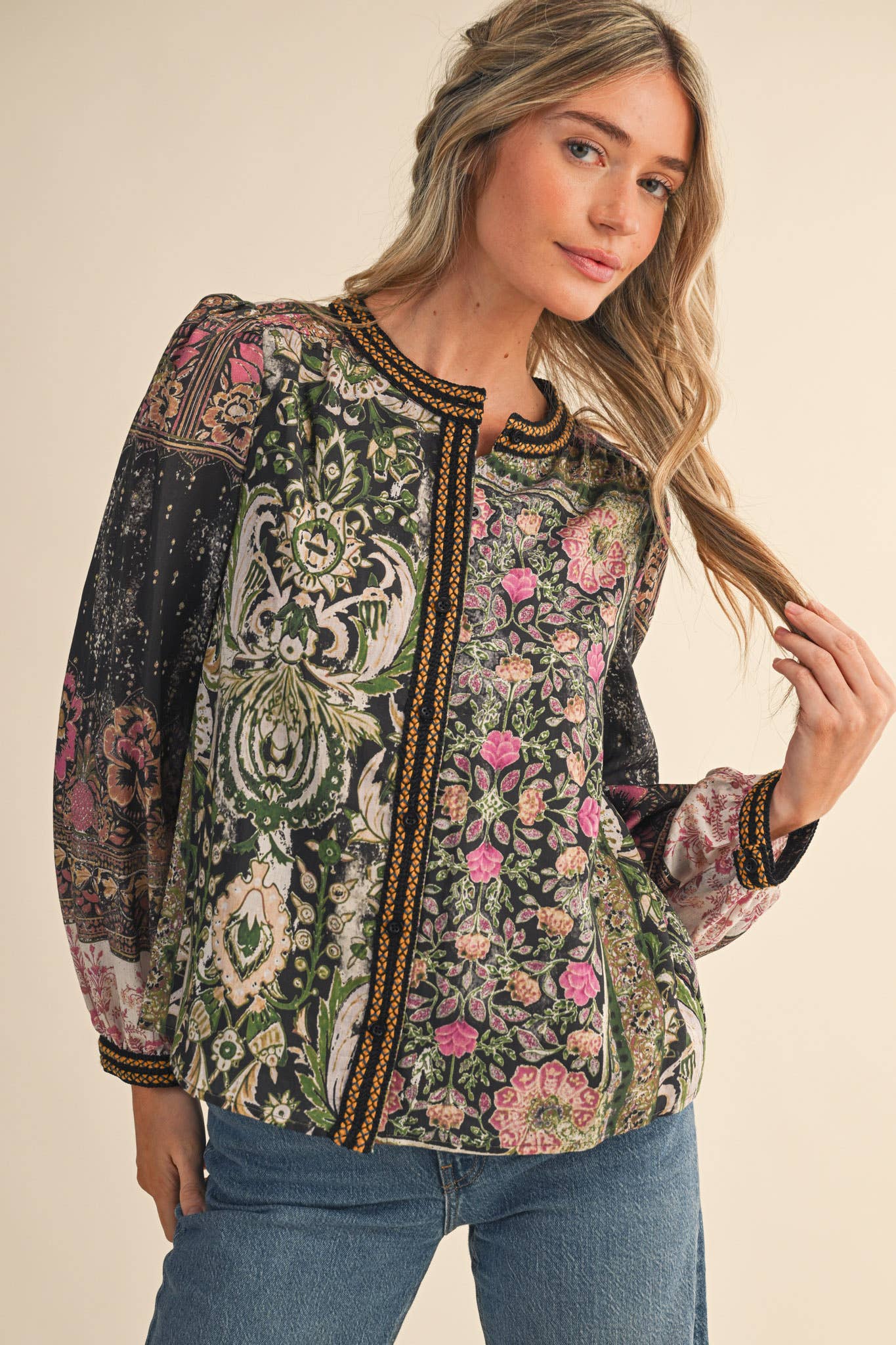 PATCHWORK PRINT CROCHET TRIM BUTTON DOWN TOP MTP4382