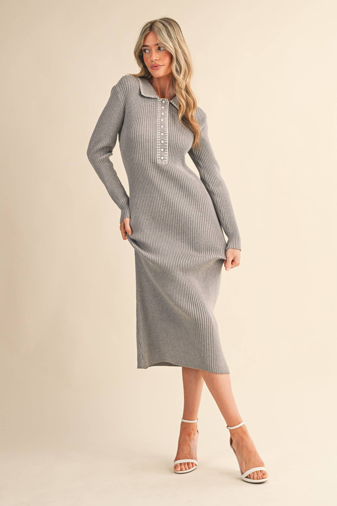 RIBBED SWEATER MIDI DRESS WITH CONTRAST STITCH MSW11232