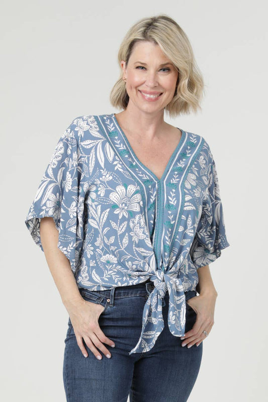 V-neck Blue and Turquoise Floral Tie Waist Top