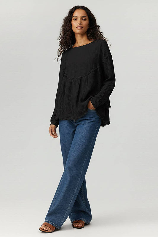 SOLID COTTON GAUZE BABYDOLL WASHED TOP