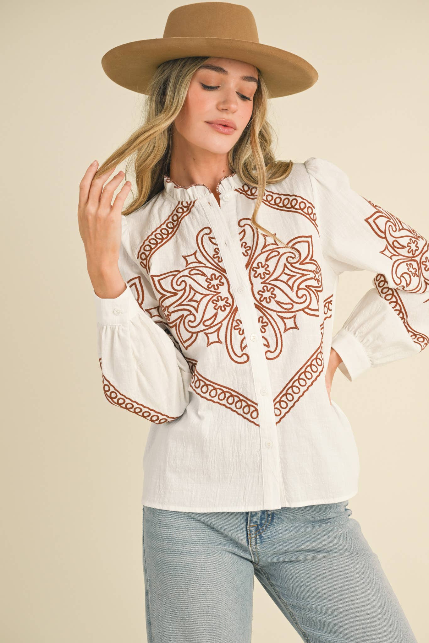 EMBROIDERED MOCK NECK BUTTON UP TOP MTP3336