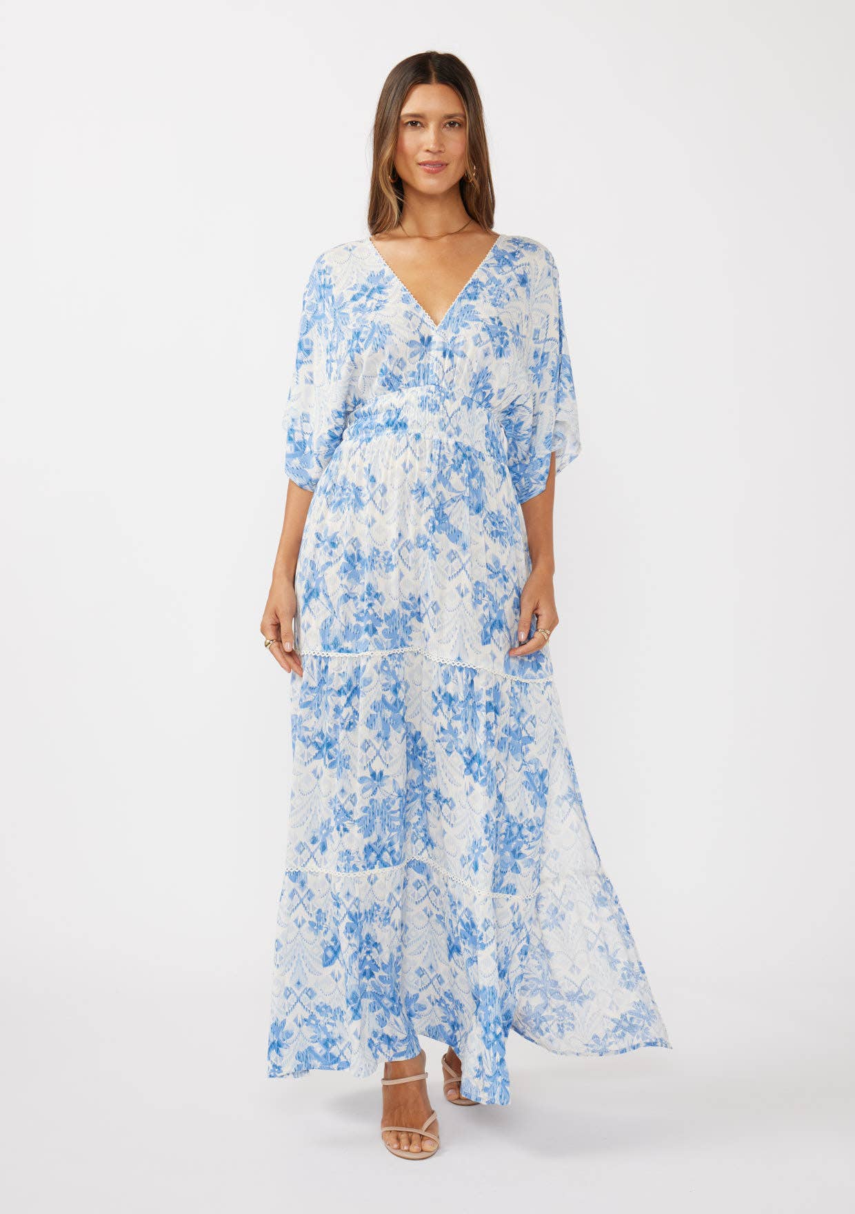 Double V-Neck Kimono Sleeve Maxi Dress