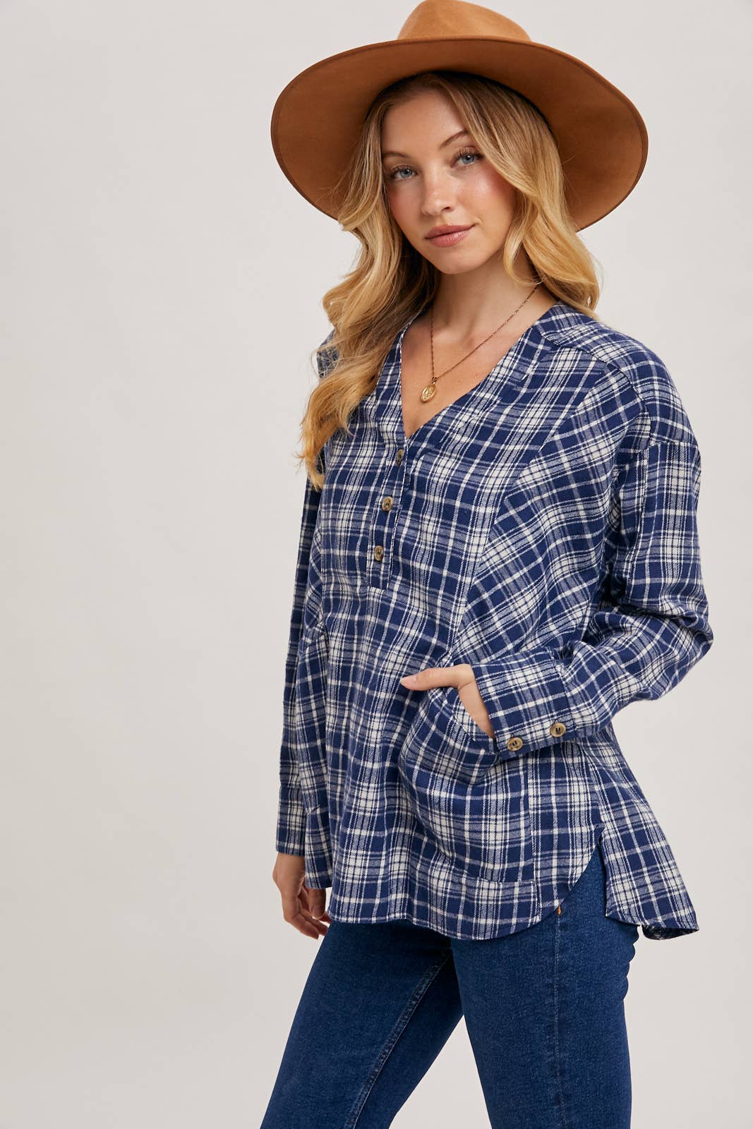 OVERSIZED PLAID BUTTON FRONT V-NECK SHIRT WITH POCKETS