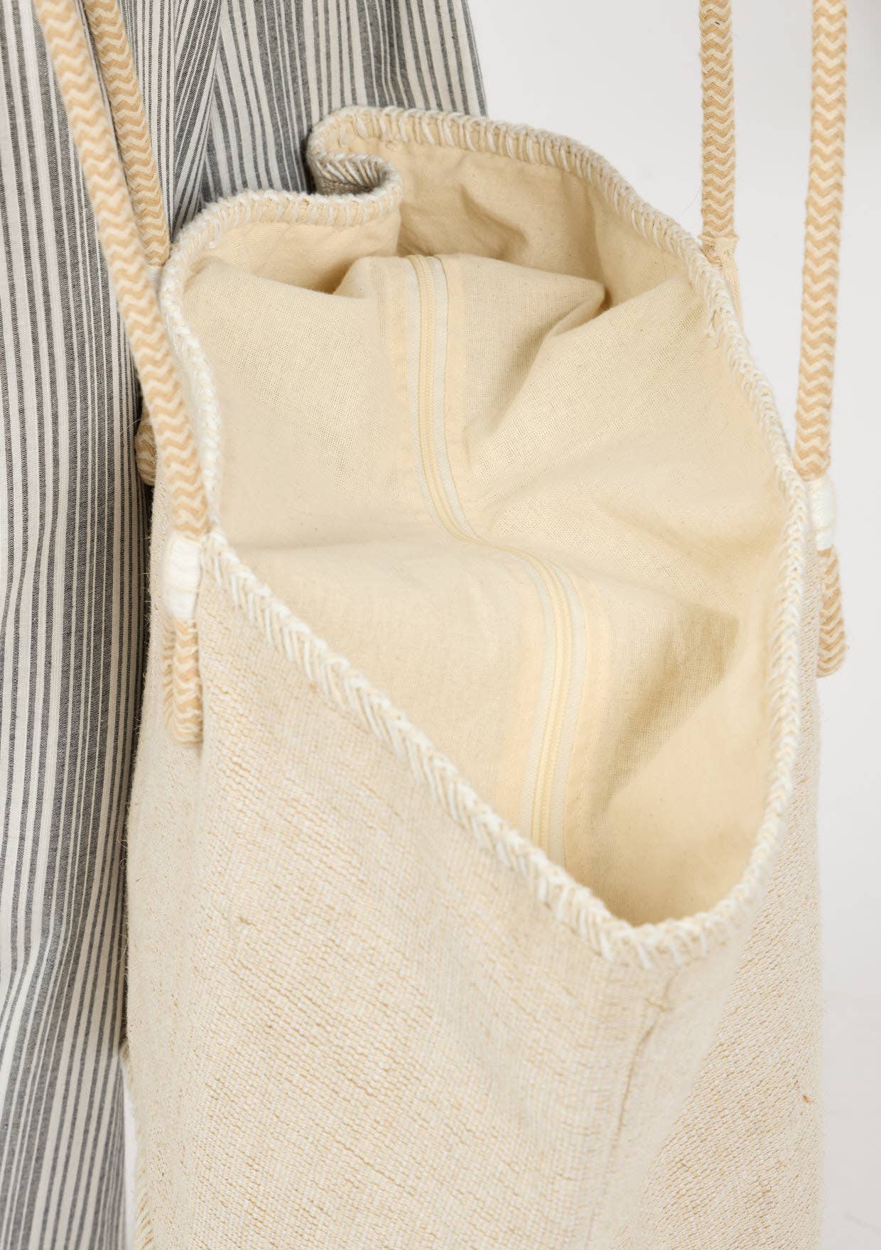 Large Woven Cotton Zip-Up Tote Bag