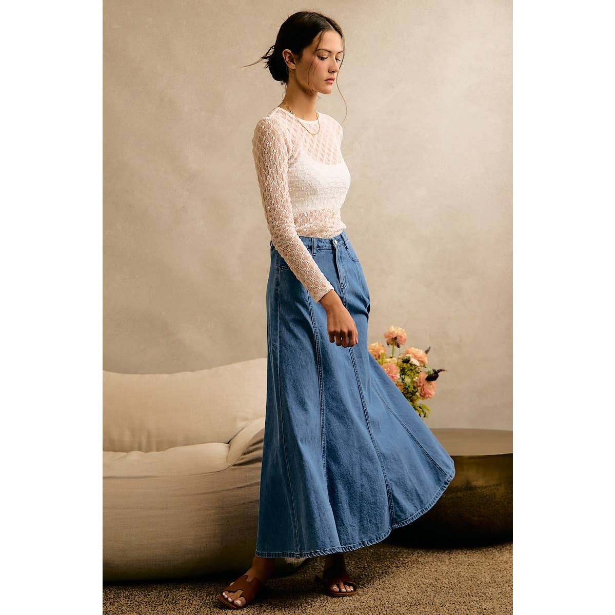 PLEATED DENIM WASHED WIDE FLOWY FIT MAXI SKIRT