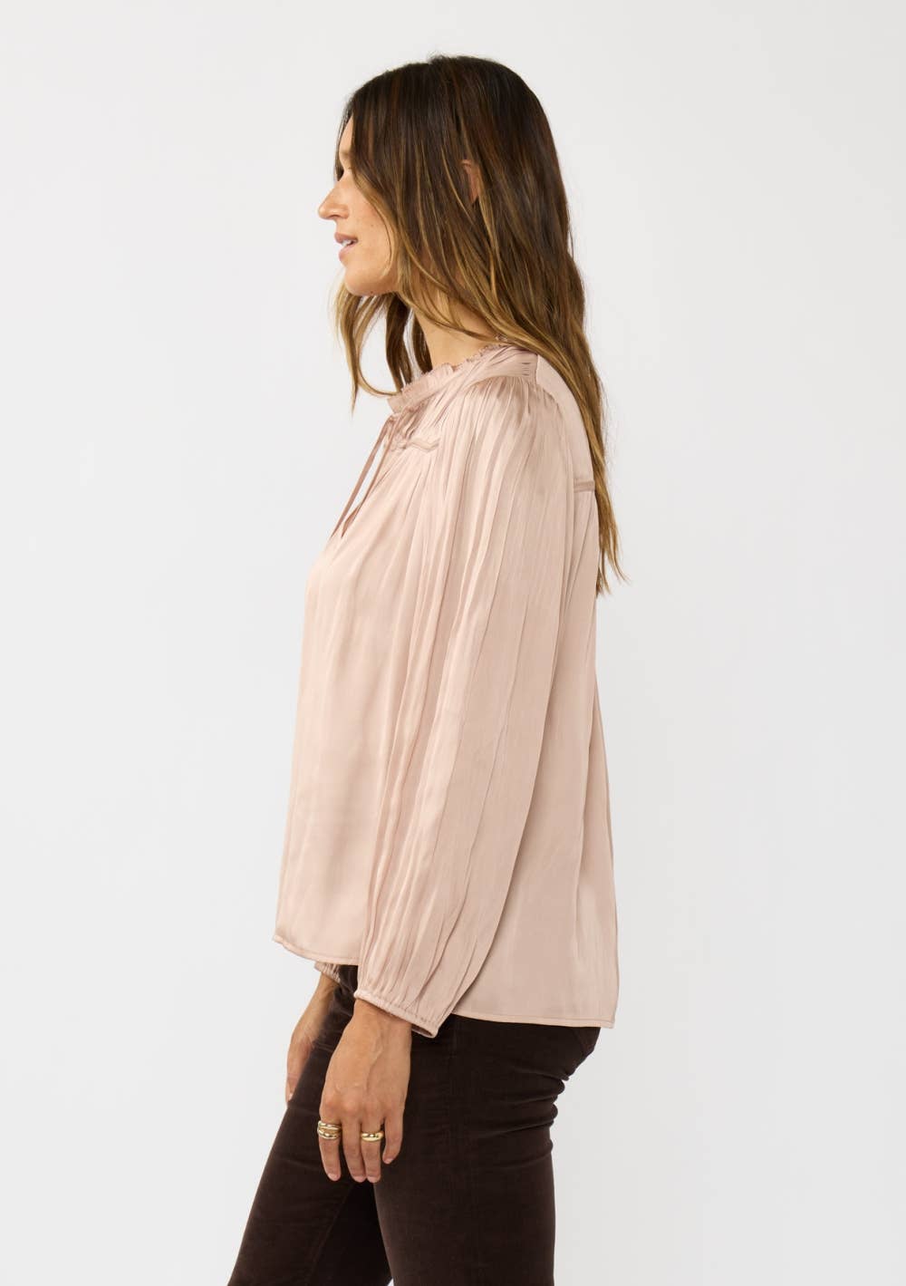 Split Neck Blush Pleated Satin Blouse