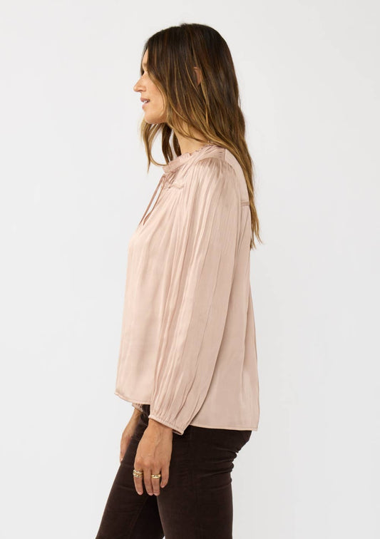 Split Neck Blush Pleated Satin Blouse