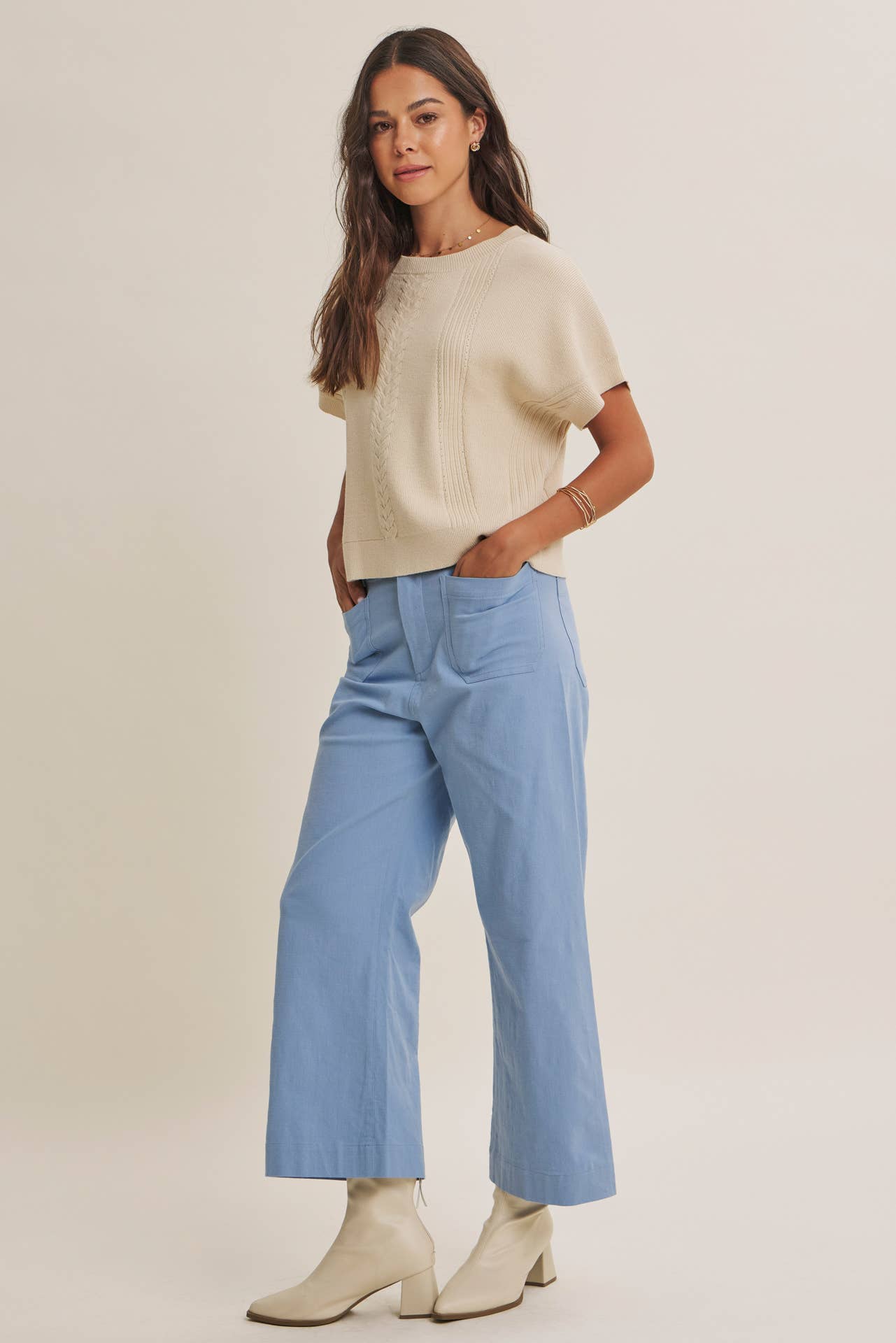 SEASONLESS STRETCHY COTTON LINEN ANKLE PANTS WITH POCKETS