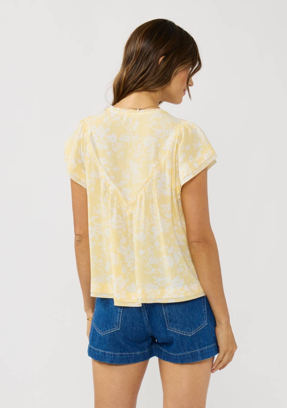 Flutter Sleeve V-Neck Floral Top-Butter Yellow