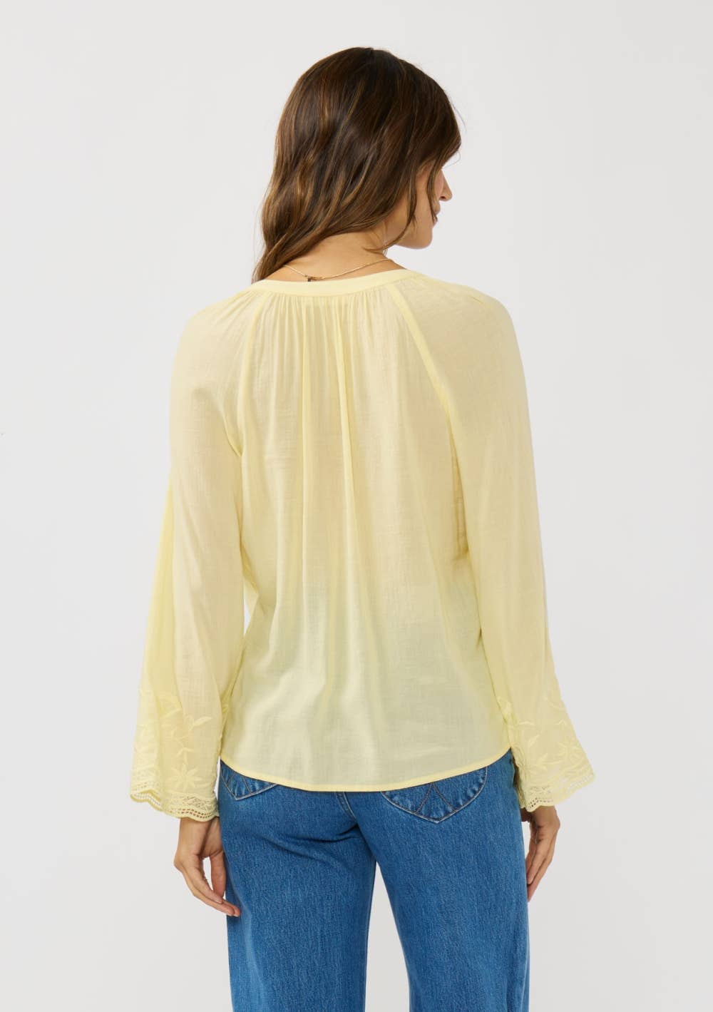 Raglan Bell Sleeve Split Neck Embroidered Blouse-Butter Yellow