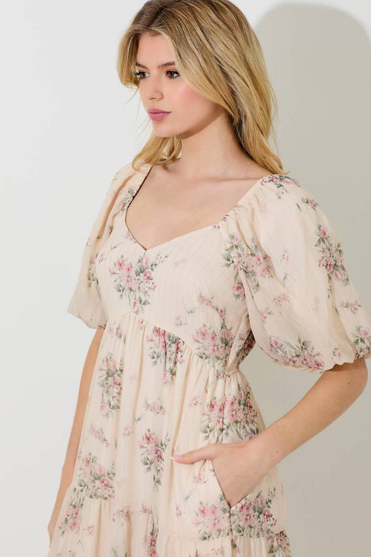 Cream & Blush Floral Lurex Print Puff Sleeve Midi Dress