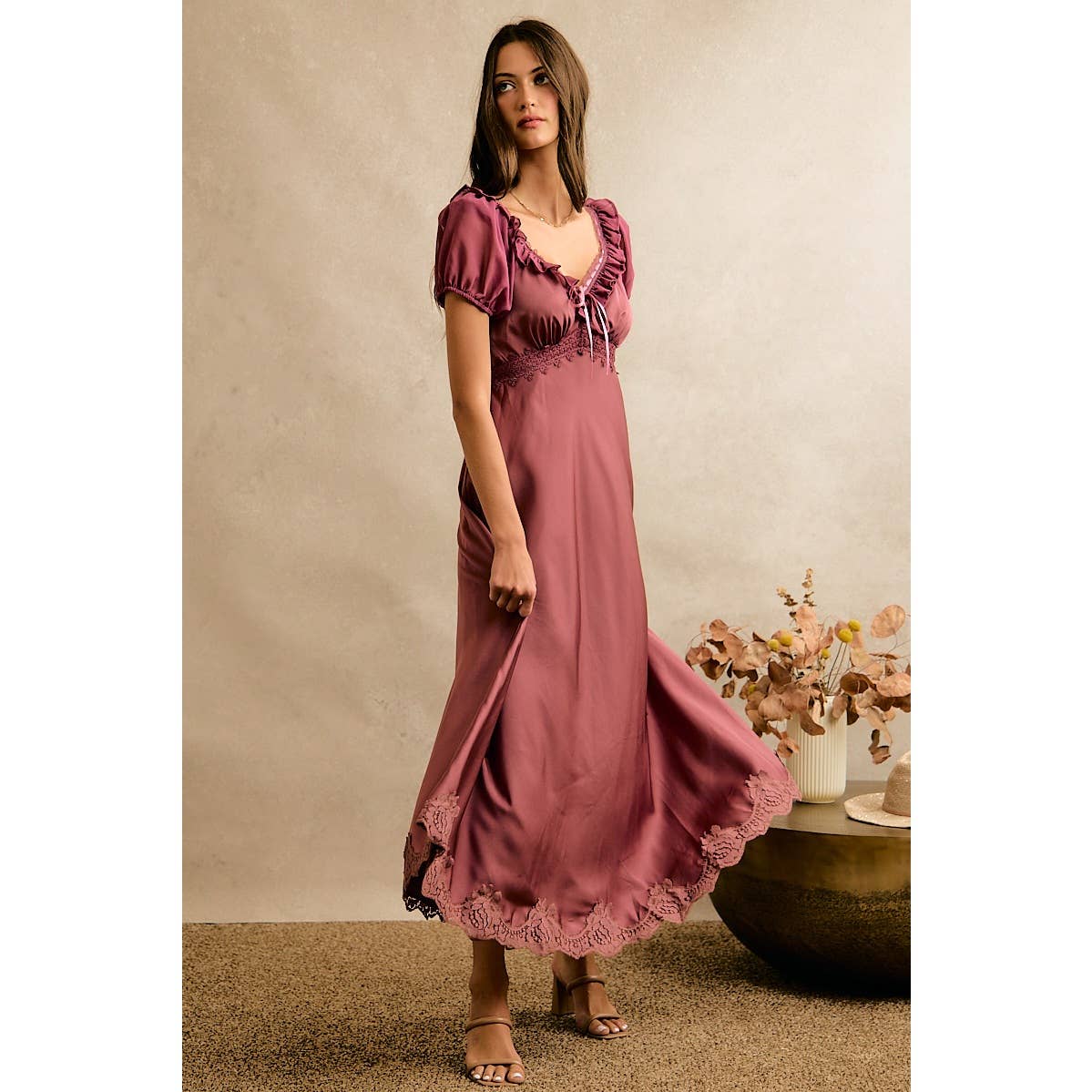 V NECK RUFFLE SLIP SATIN MAXI DRESS