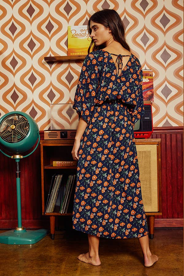 Navy & Rust Floral Printed V-neck Kimono Style Midi Dress