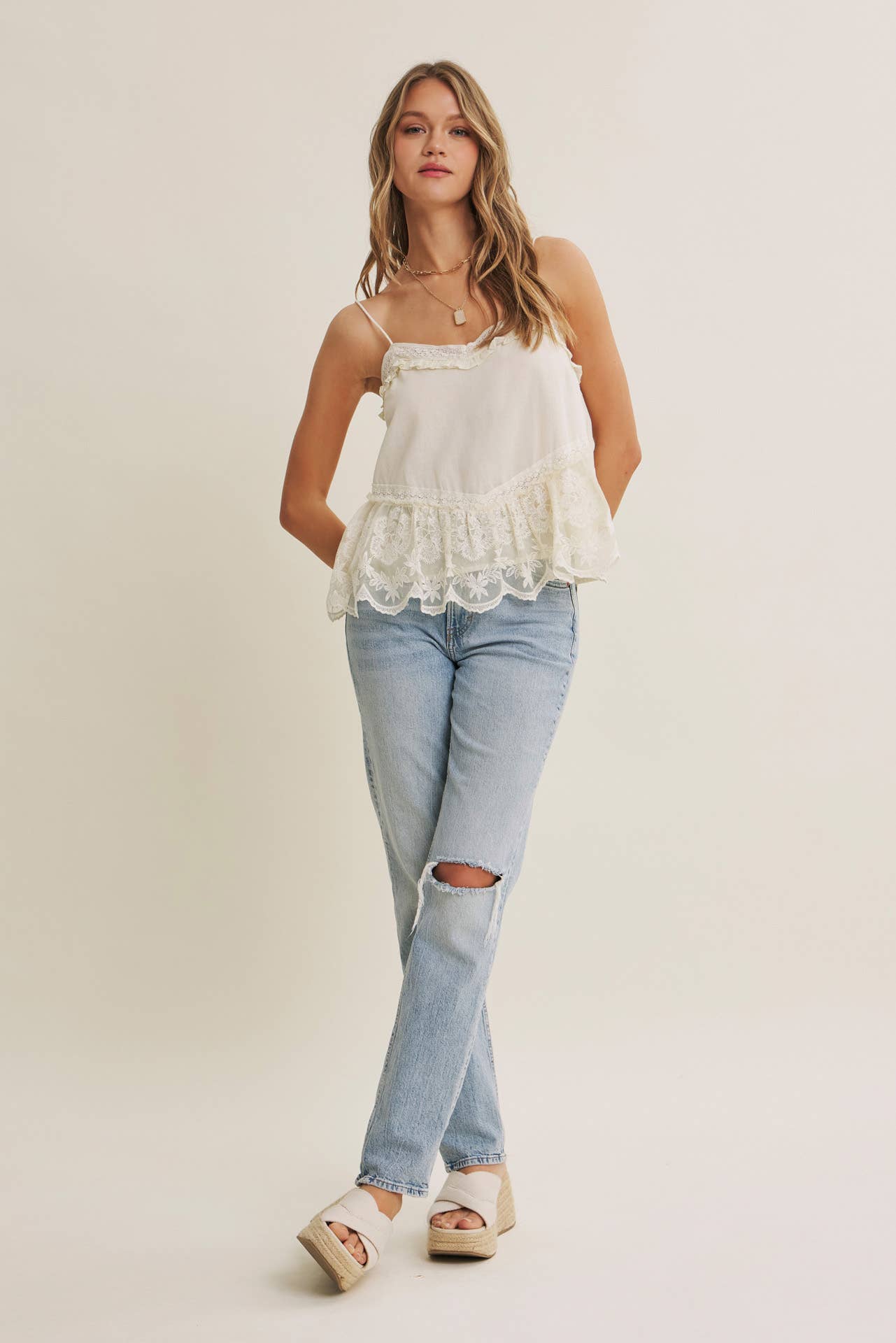 Soft Cotton Flare Camisole with Embroidered Lace