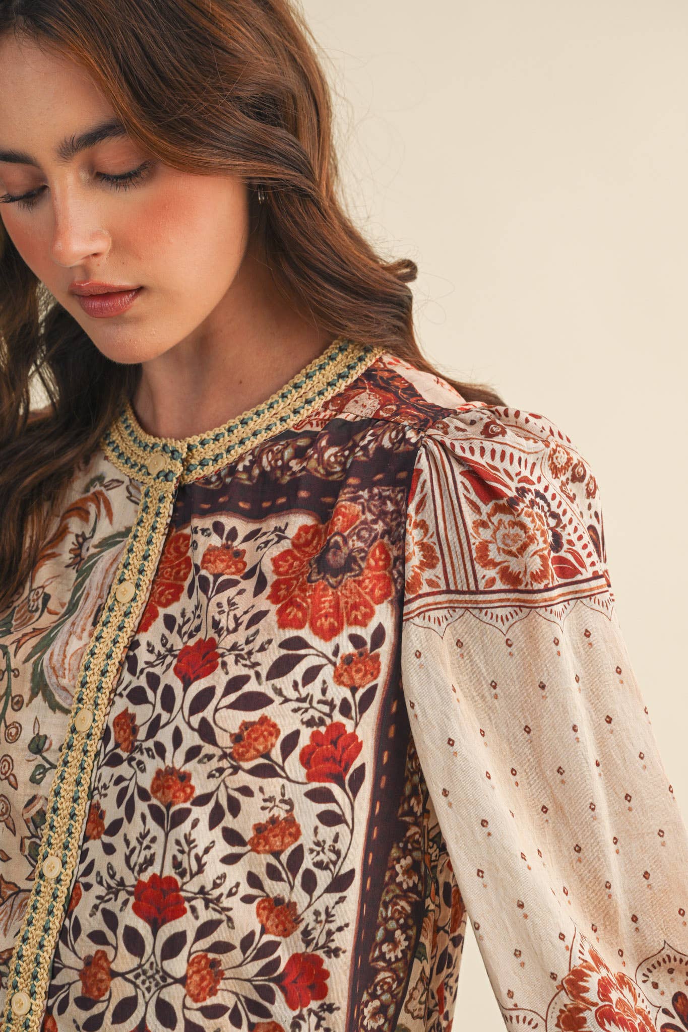 PATCHWORK PRINT CROCHET TRIM BUTTON DOWN TOP MTP4382