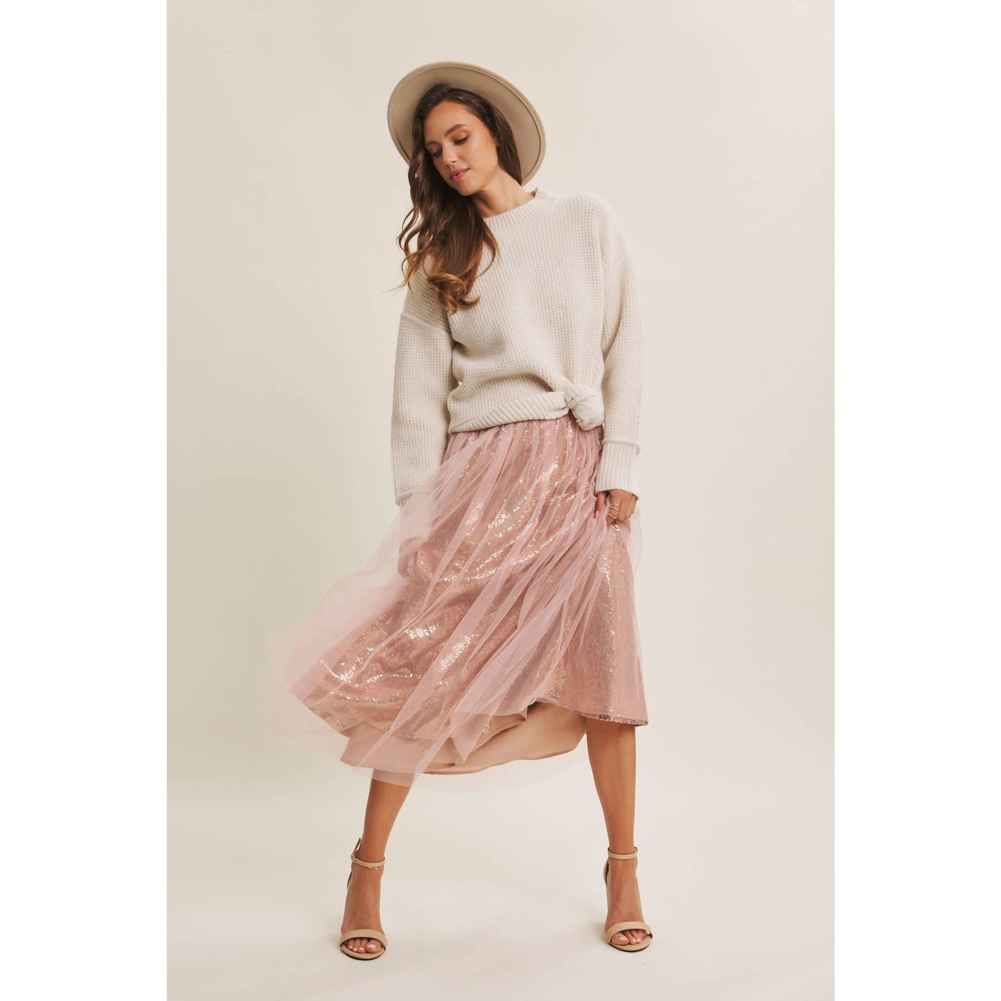 Dance the Night Away Blush Sequin Tulle Midi Skirt