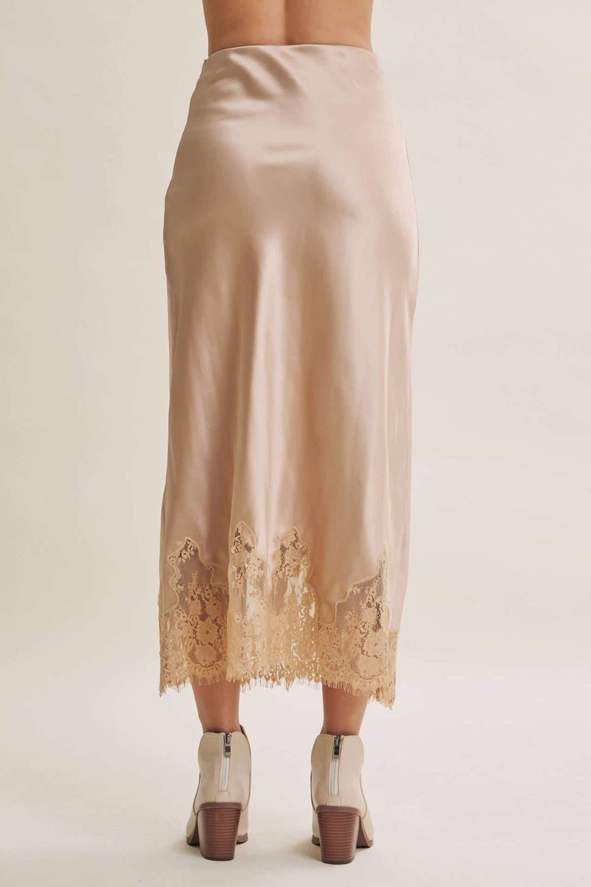 Champagne and French Lace Satin Midi Skirt