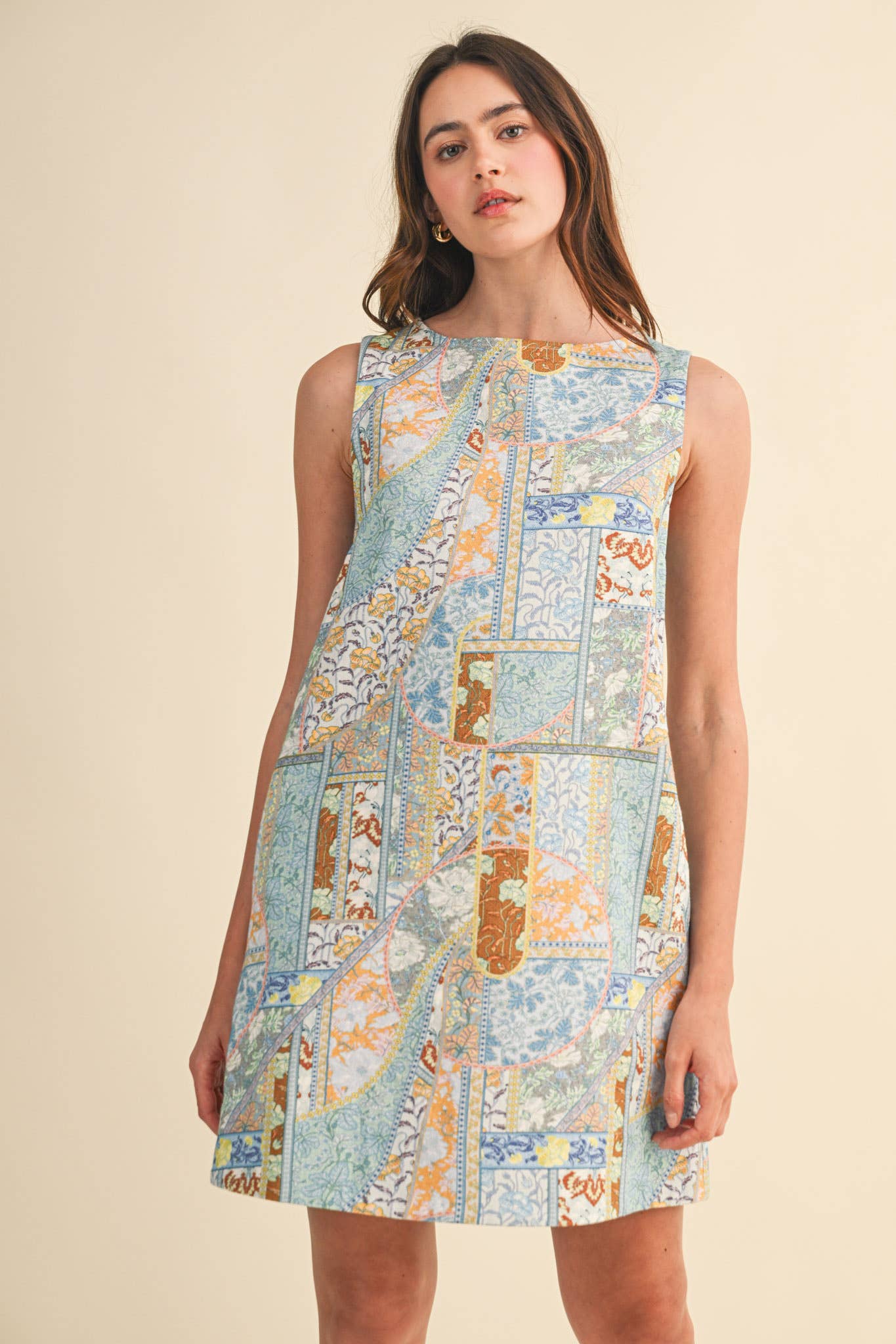 PATCHWORK PRINT DENIM SHIFT MINI DRESS MDR4743